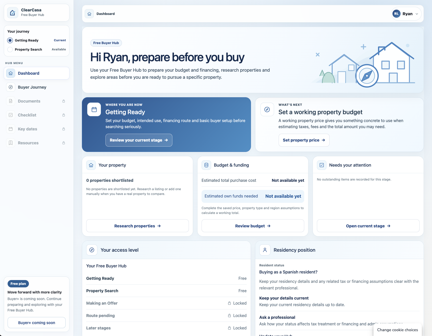 ClearCasa Buyer Hub dashboard showing the buyer journey, budget and next steps